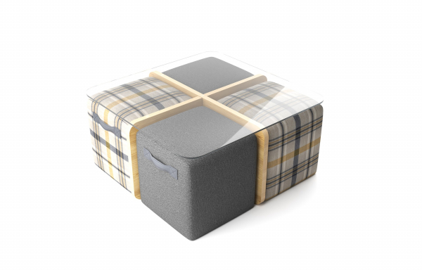 TABLE BASSE CRUZ AVEC POUFS, MOTIF TARTAN JAUNE