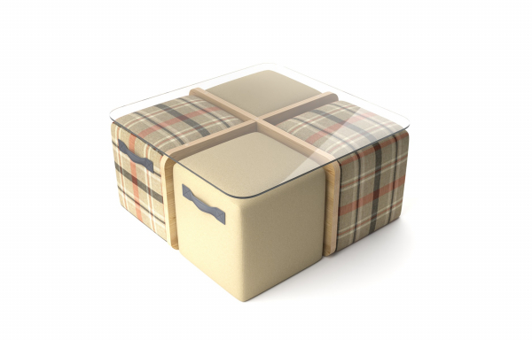 TABLE BASSE CRUZ AVEC POUFS, MOTIF TARTAN CORAIL