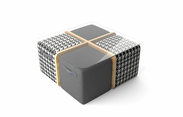 TABLE BASSE CRUZ AVEC POUFS, MOTIF PIED DE POULE